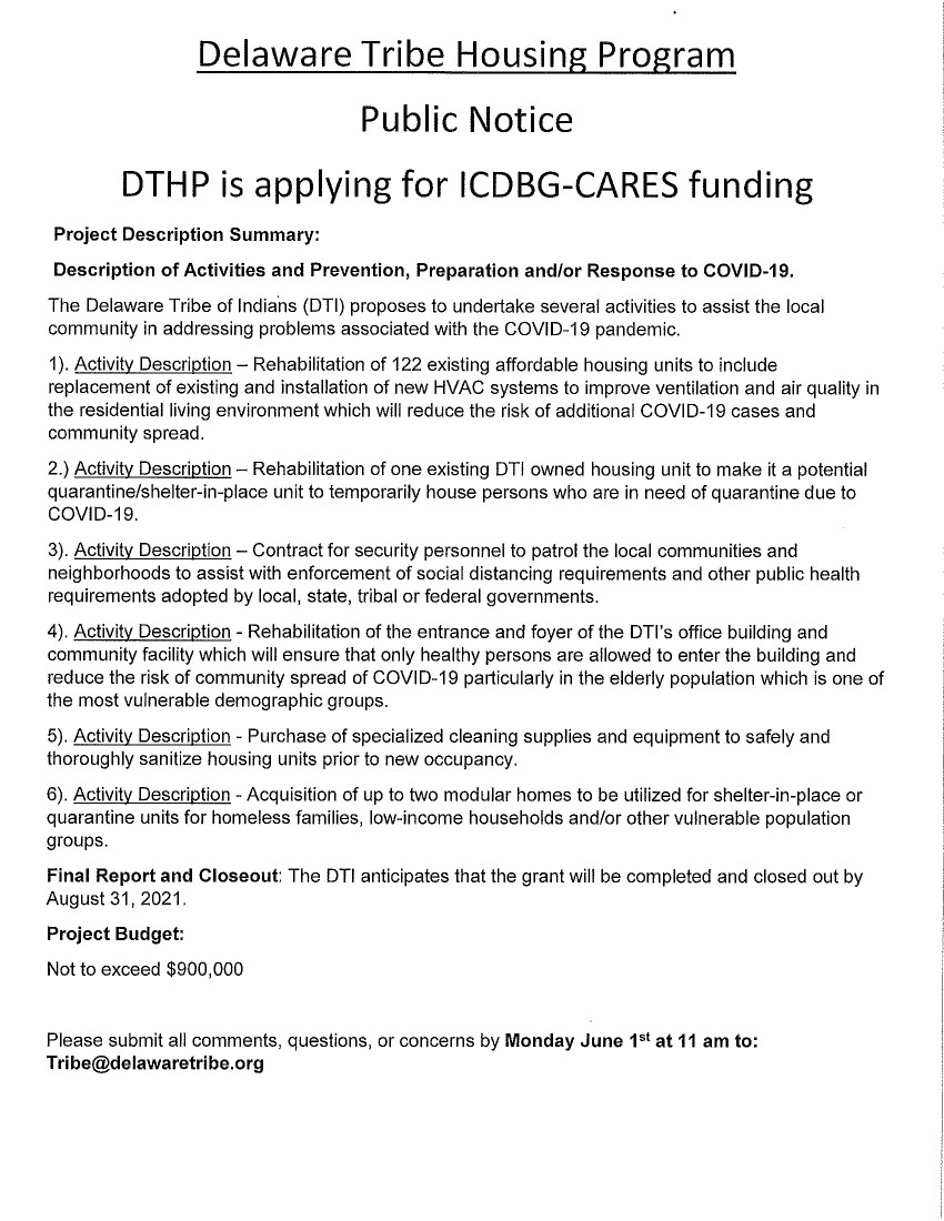 DTHP Is Applying For ICDBG-CARES Funding