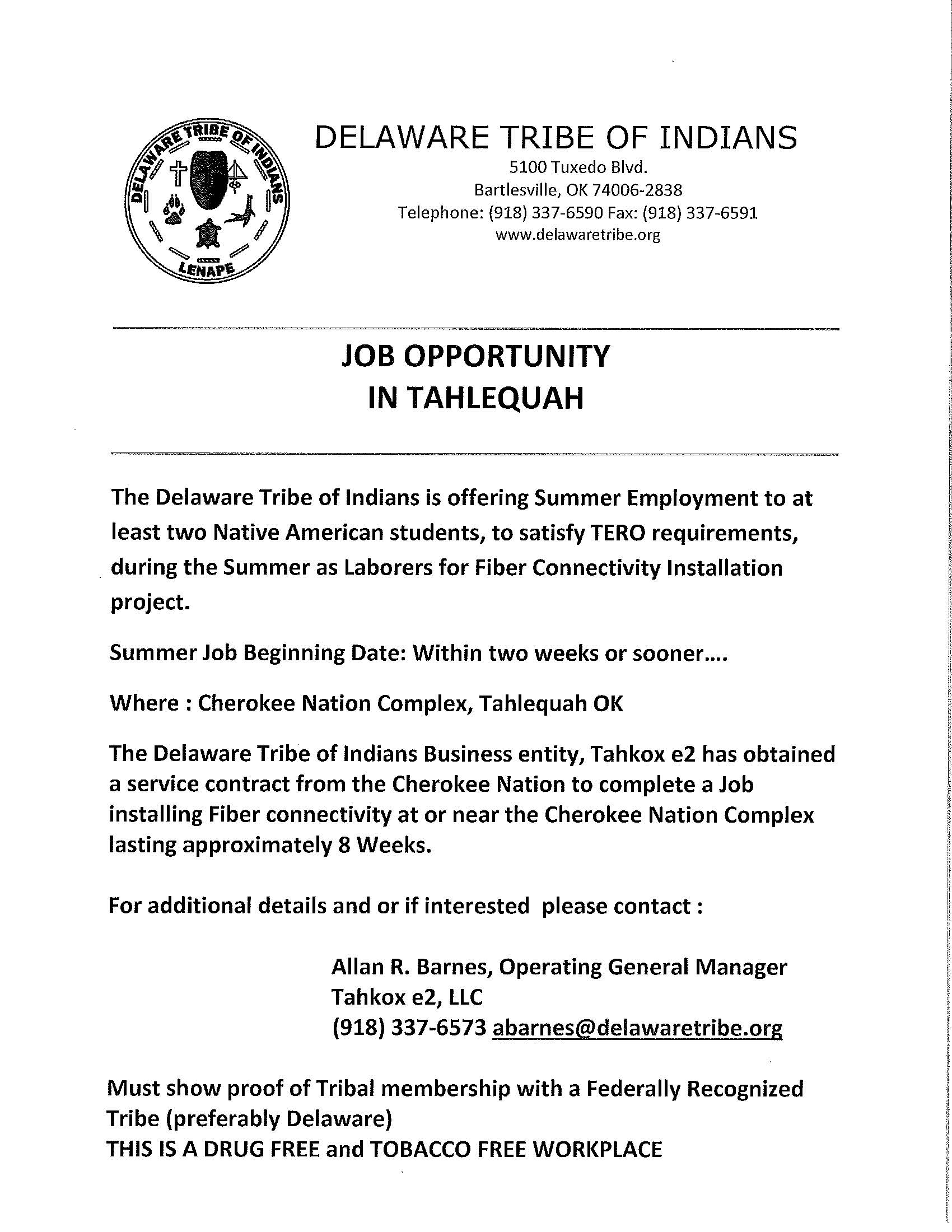 Job Opportunity in Talequah