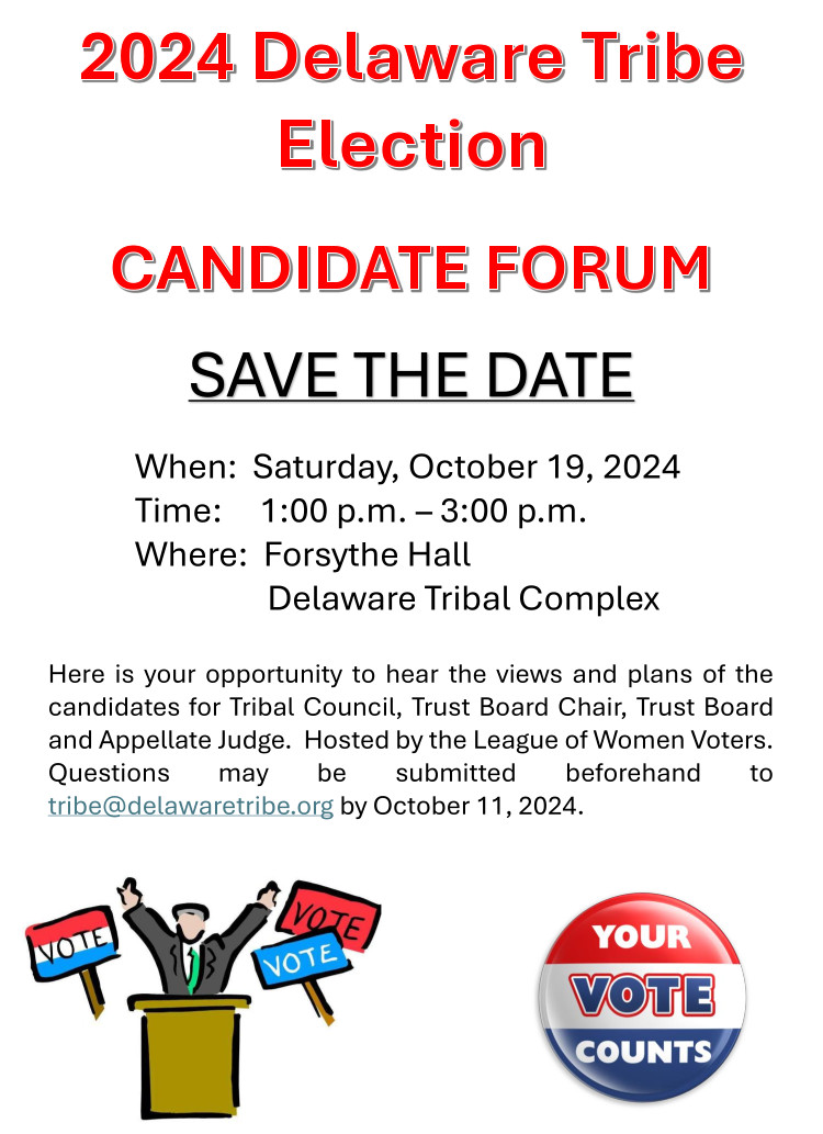 Flyer announcing 2024 Delaware Tribe of Indians Election Candidate Forum on October 19