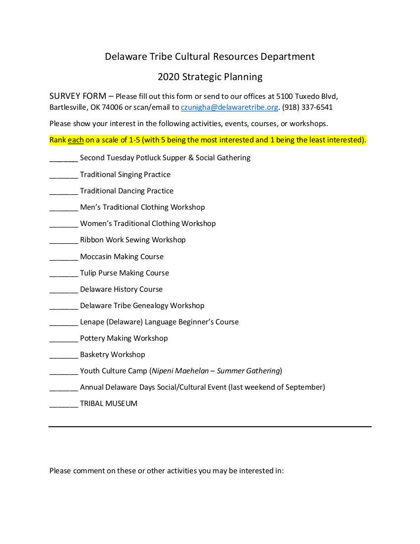 Delaware Tribe Cultural Resources Department 2020 Strategic Planning Survey