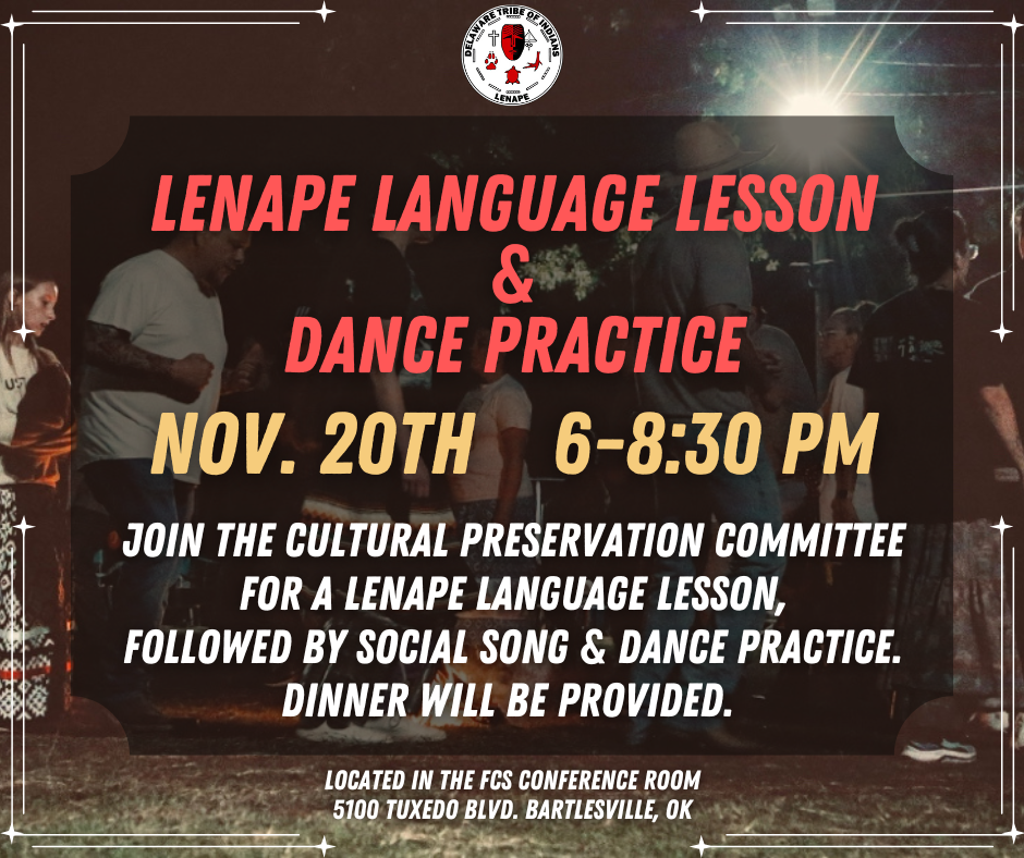 Flyer for Lenape Language Lesson & Dance Practice on November 20 from 6-8:30 P.M.