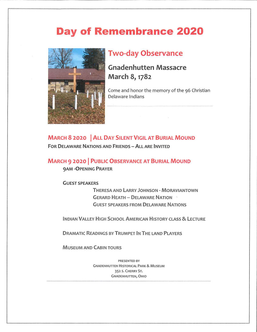 Gnadenhutten Massacre of 1782 Memorial to be held March 8-9, 2020