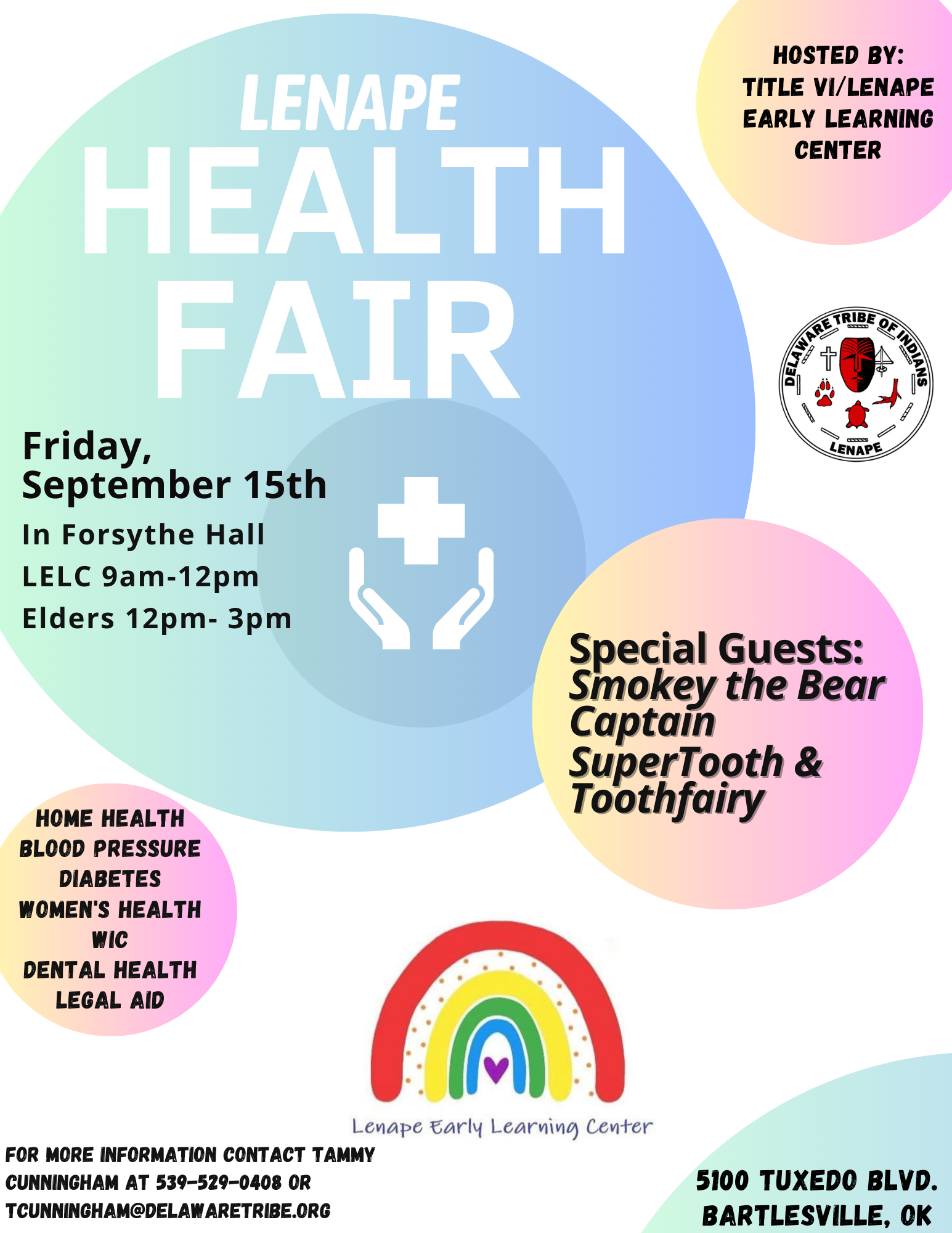 The Delaware Tribe of Indians Title VI Program and the Lenape Early Learning Center will be holding a Lenape Health Fair at Forsythe Hall on Friday, September 15. For details, see the flyer below or contact Tracy Cunningham at (539) 529-0408 or tcunningham@delawaretribe.org