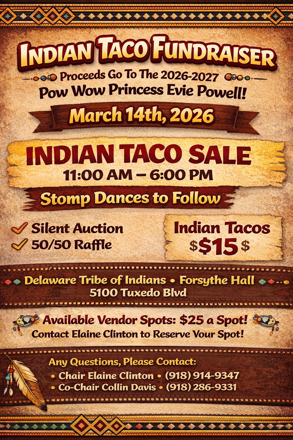 Flyer for Indian Taco Fundraiser on March 14, 2026