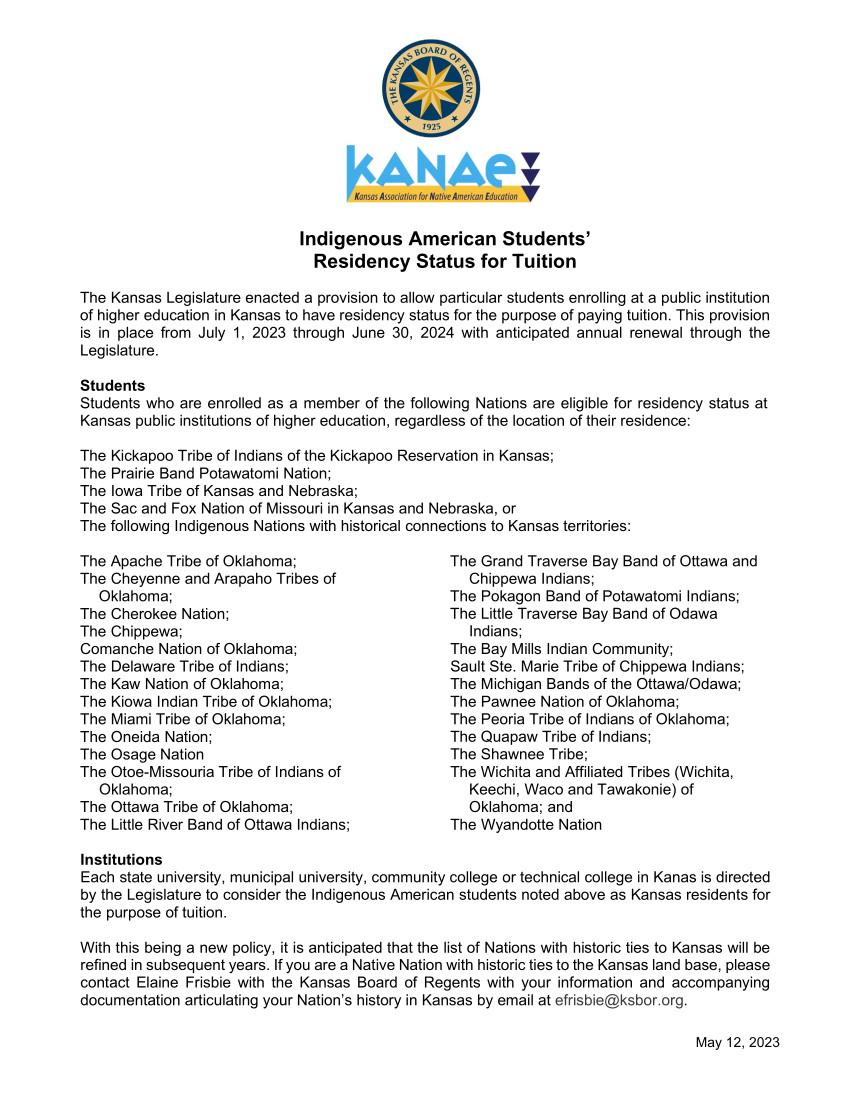 Official Site of the Delaware Tribe of Indians » Indigenous American  Students' Residency Status for Tuition Enacted by KS Legislature