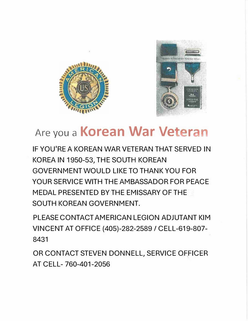 If you're a Korean War Veteran that served in Korea in 1950-53, The South Korean government would like to thank you for your service with the Ambassador for Peace Medal presented by the Emissary of the South Korean government.