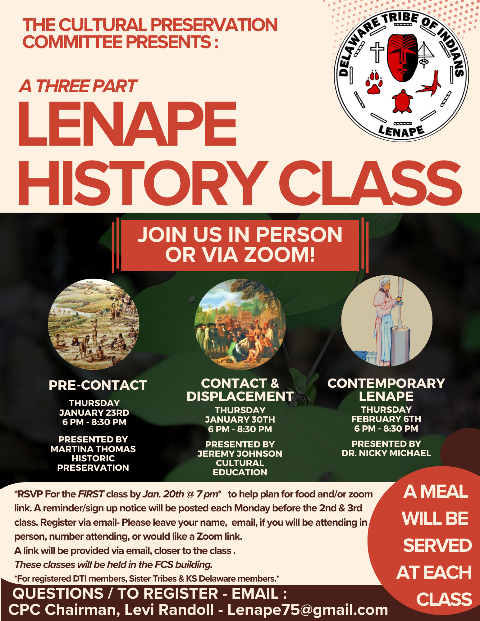 Flyer advertising Lenape History Class presented by the Cultural Preservation Committee