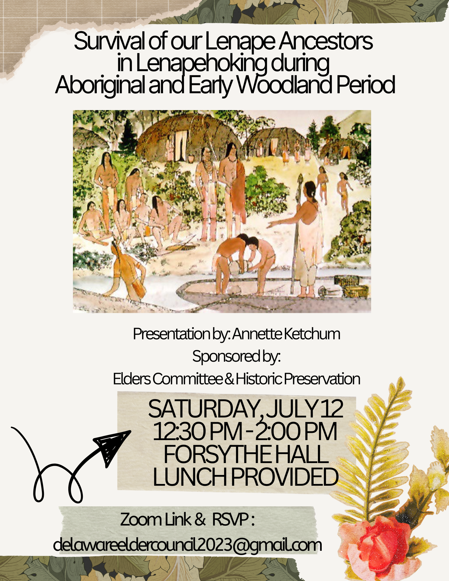 Flyer for Lenape History Presentation to be Held July 12 from 12:30-2:00 P.M.