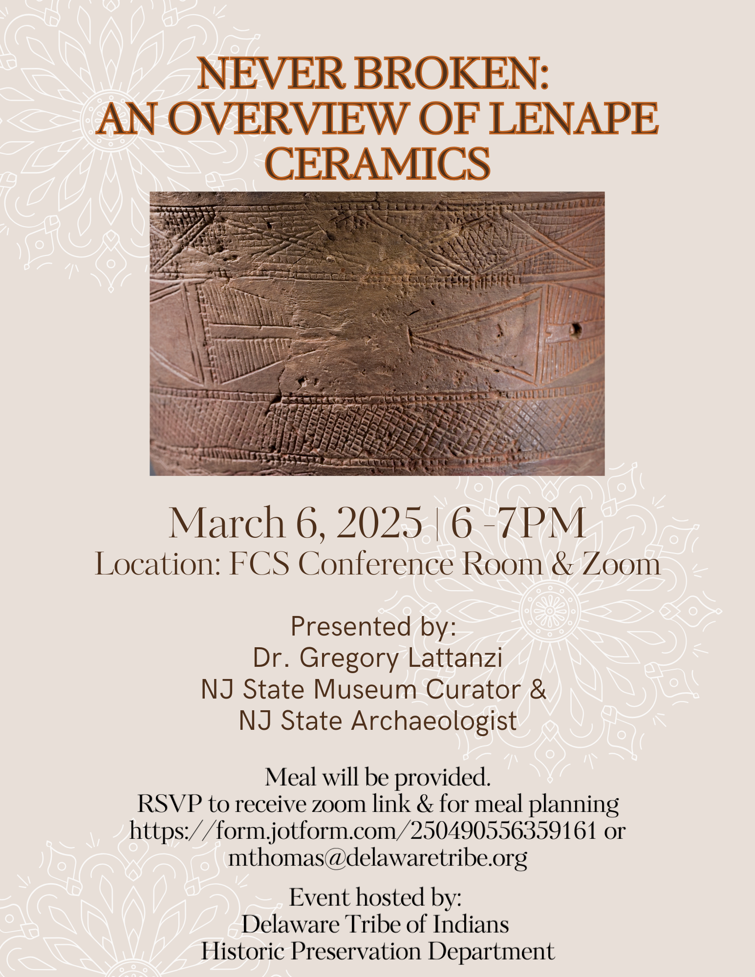 Flyer for Pottery Presentation to be held on March 6 from 6 P.M. - 7 P.M.