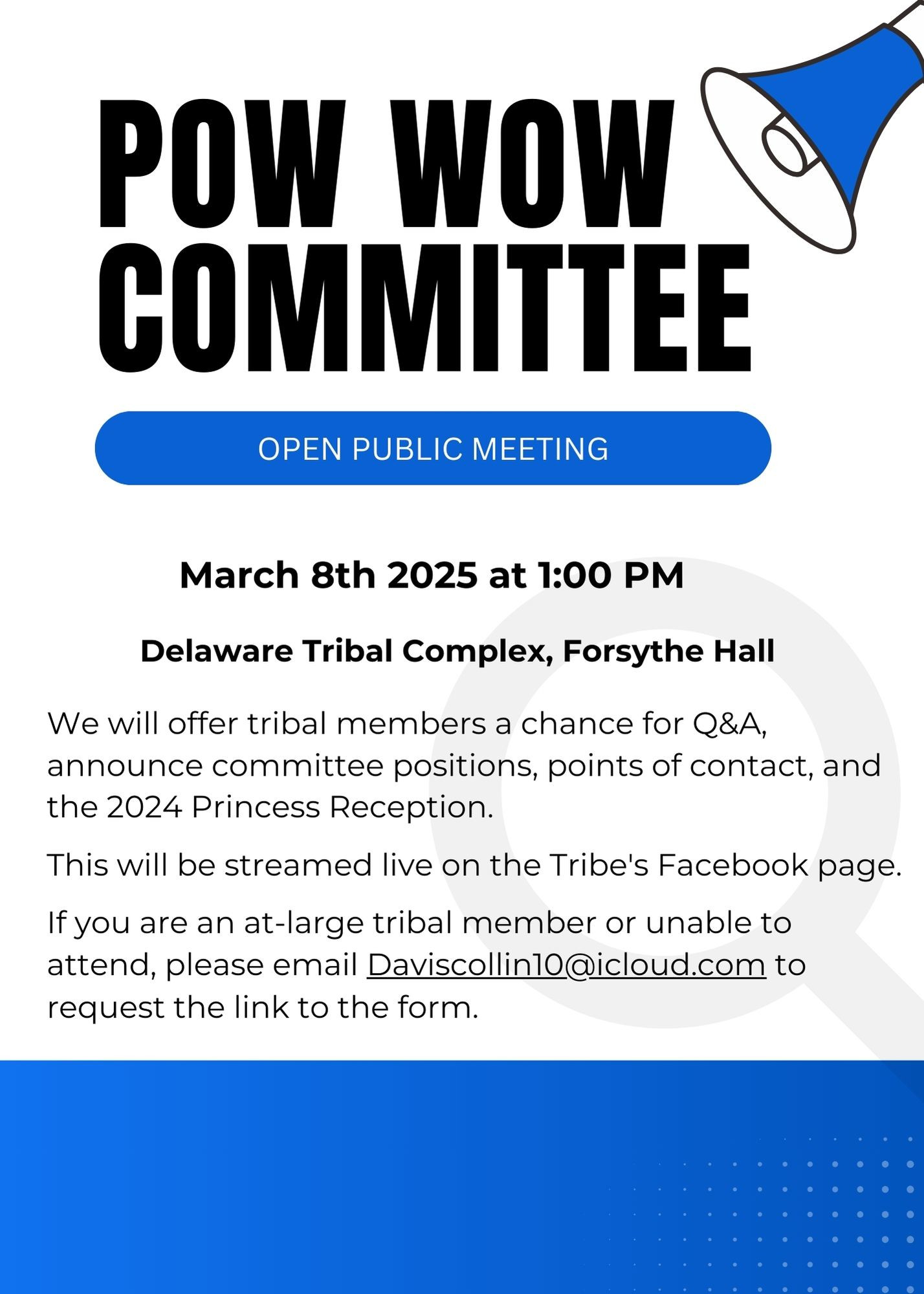 Flyer announcing Pow Wow Committee Open Meeting to be held March 8 2025 at Forsythe Hall at 1:00 P.M.