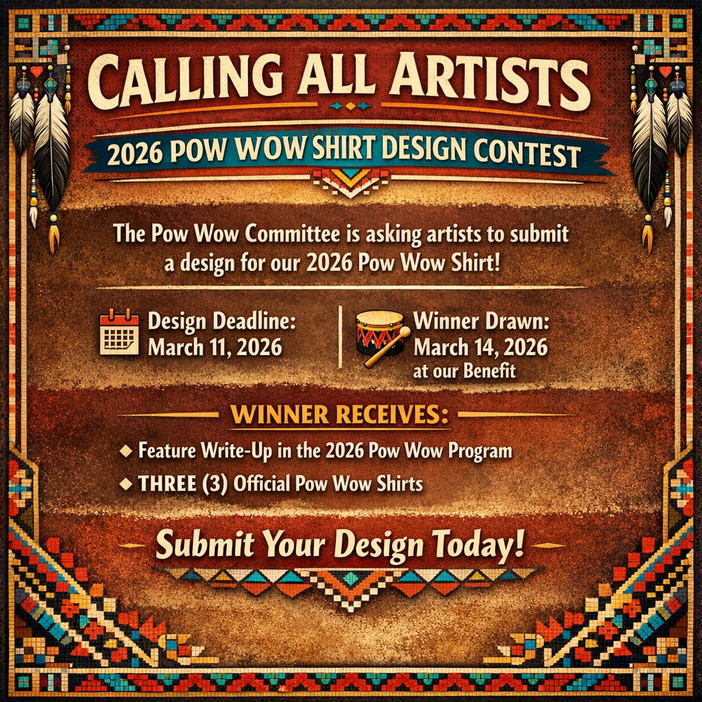 Flyer announcing 2026 Pow Wow Shirt design contest, with a submission deadline of March 11, 2026