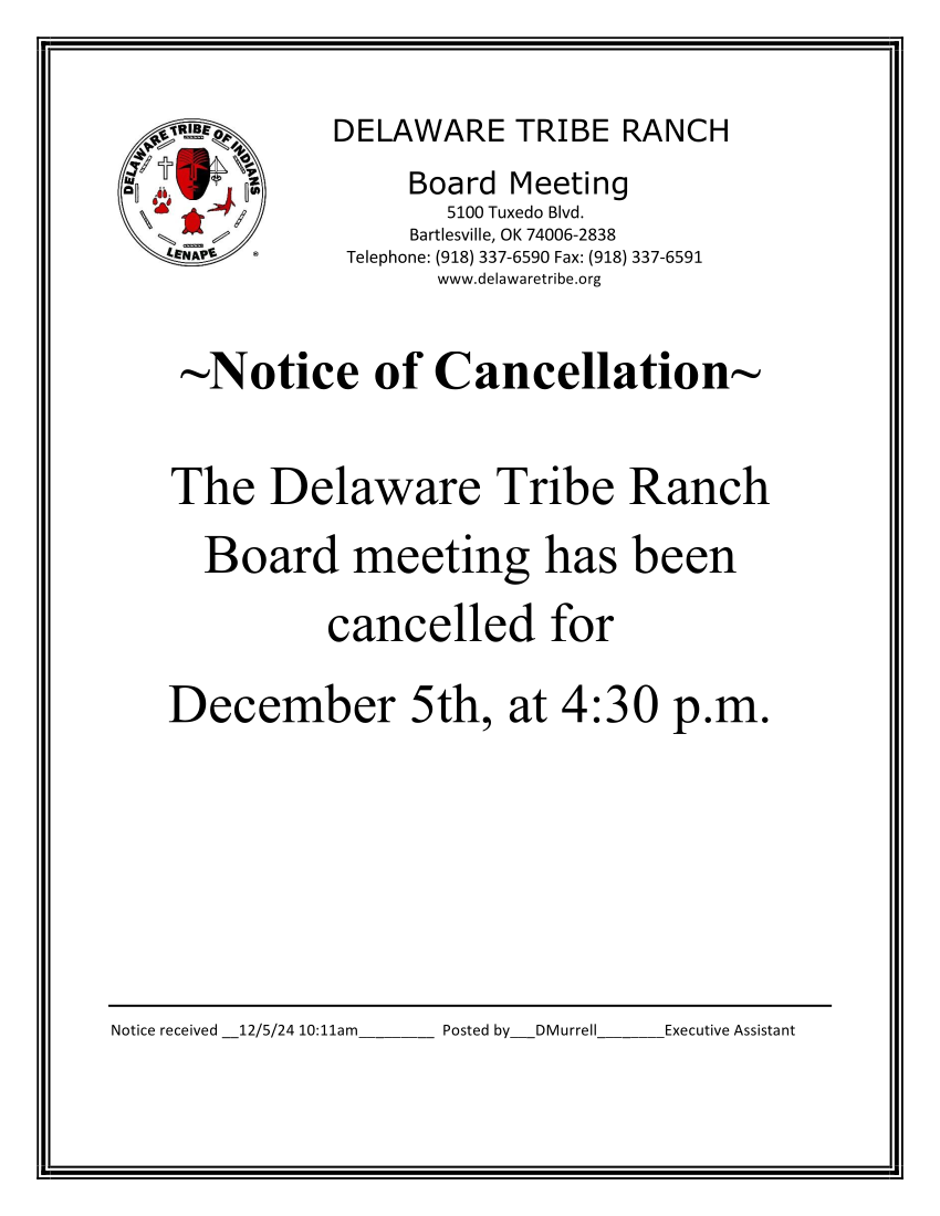 Notice of cancellation for Delaware Tribe Ranch Board meeting scheduled for December 5, 2024