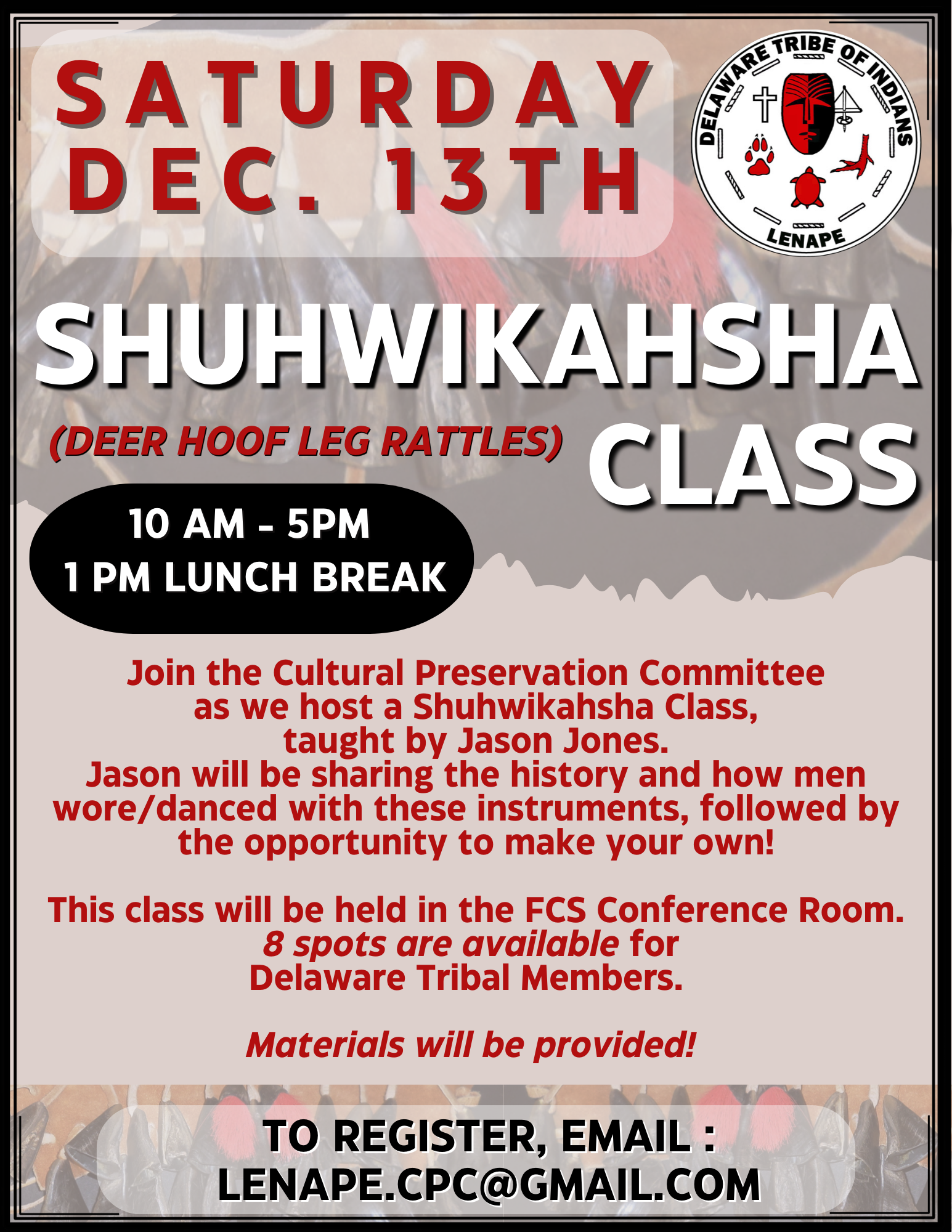 Flyer for Shuhwikahsha Class from 10 A.M. - 5 P.M. December 13.