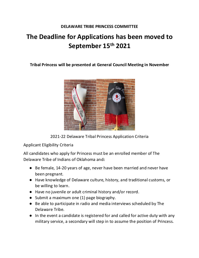 Delaware Tribe of Indians Tribal Princess Applications Due September 1, 2021