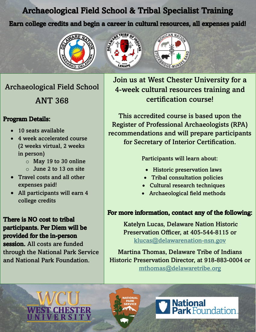 Flyer for Archaeological Field School and Tribal Specialist Training at West Chester University