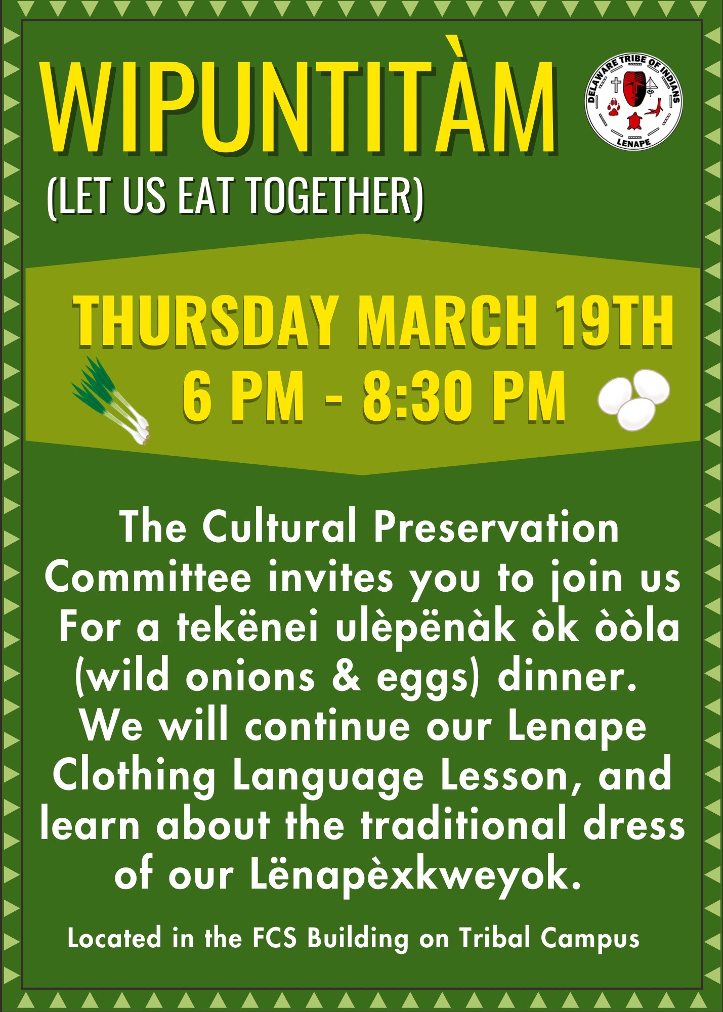 Flyer for Tekënei Ulèpënàk Òk Òòla (wild onions & eggs) dinner to be held March 19