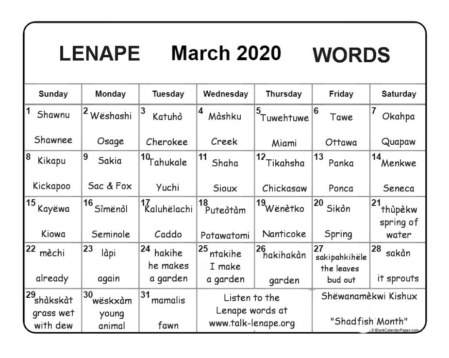 March 2020 Lenape Word-a-Day Calendar