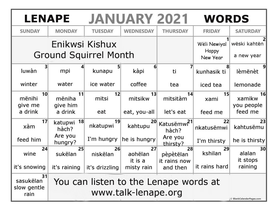 January 2021 Lenape Word-a-Day Calendar