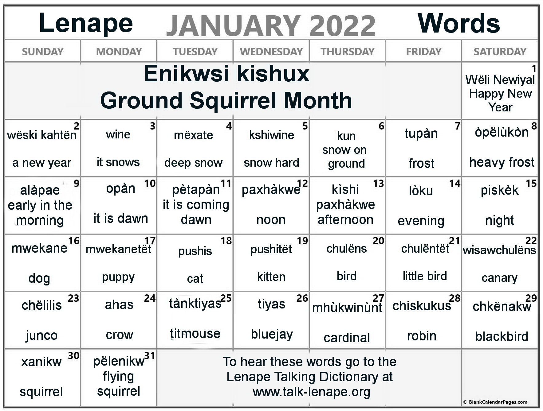 January 2022 Lenape Word-a-Day Calendar