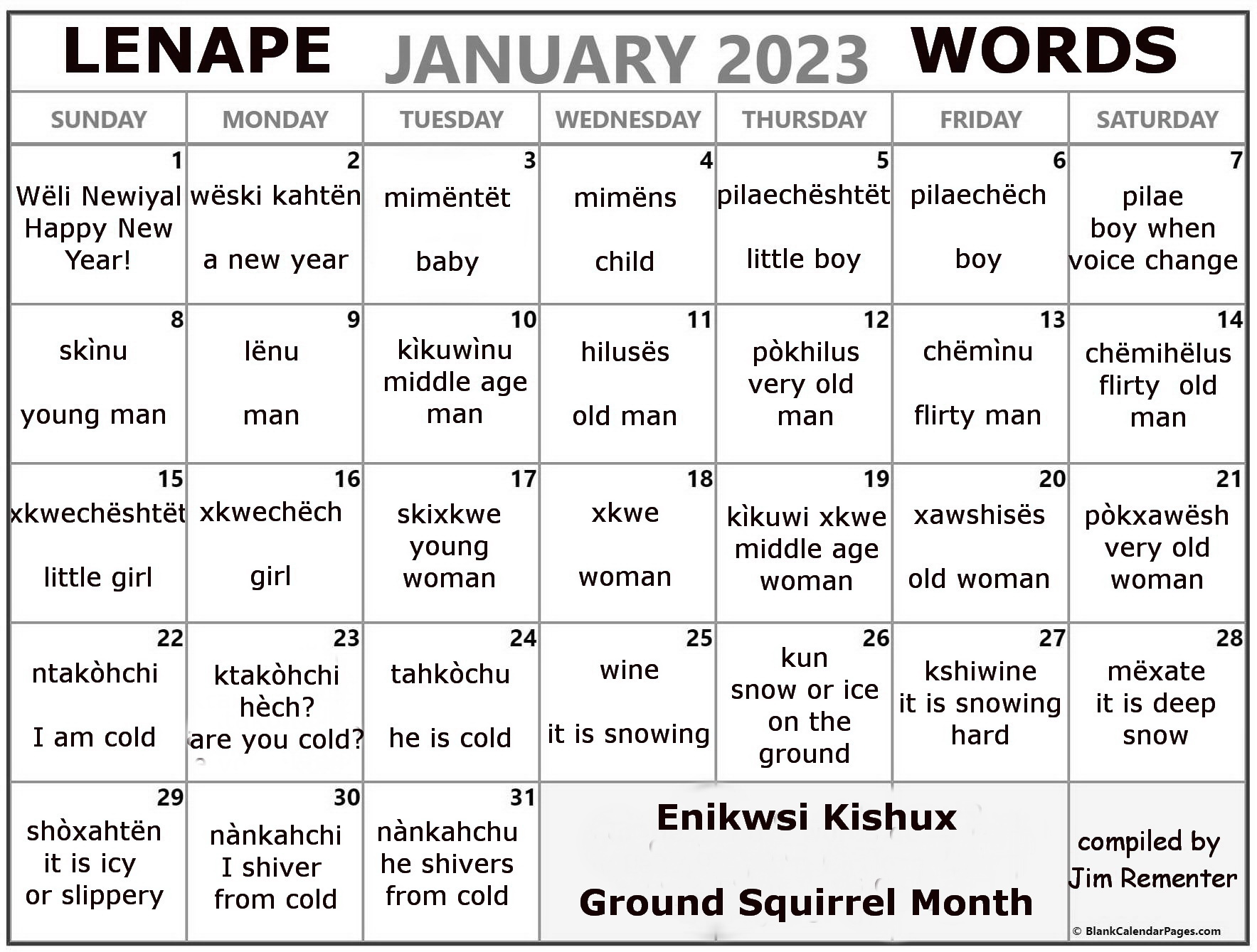 January 2023 Lenape Word-a-Day Calendar