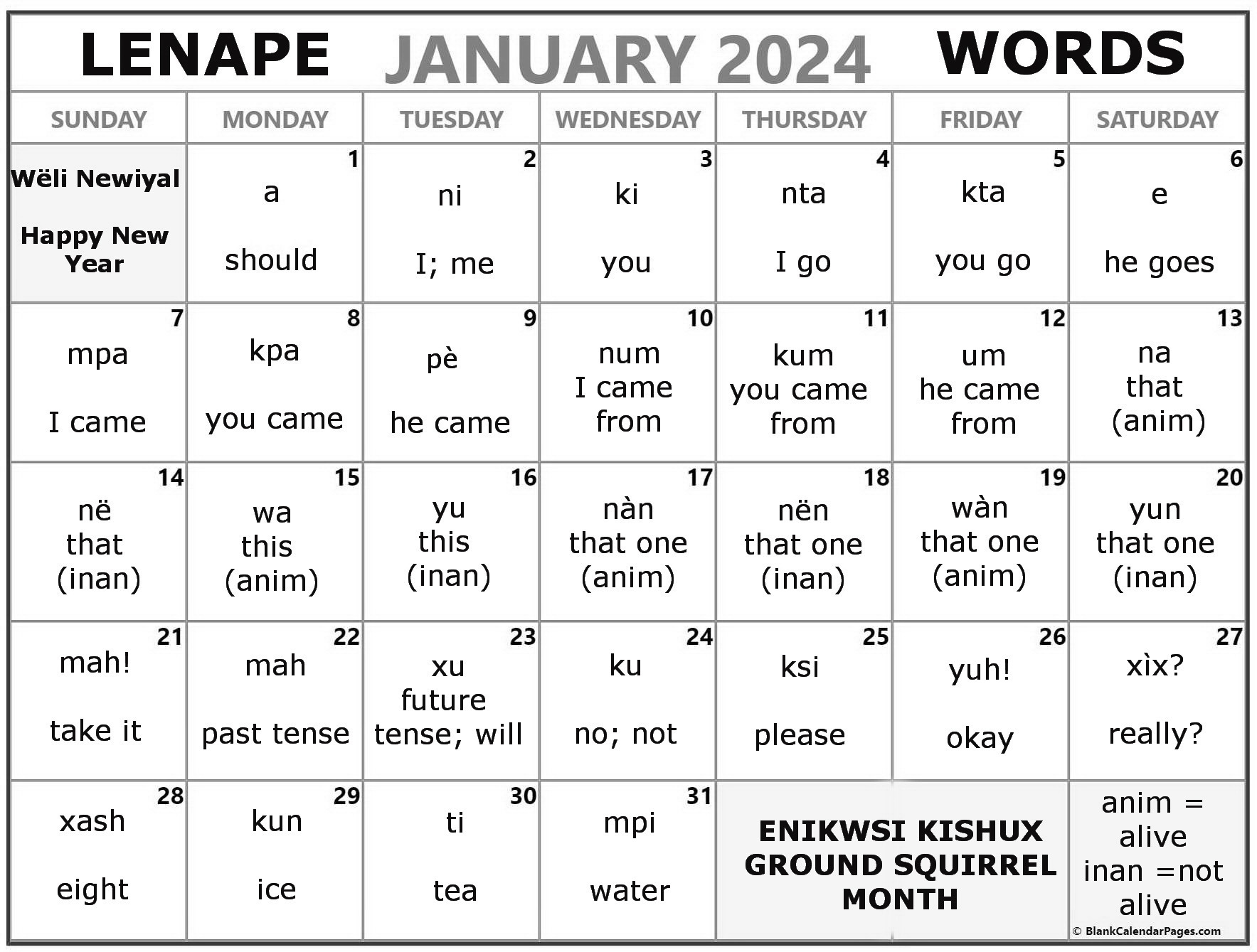 January 2024 Lenape Word-a-Day Calendar