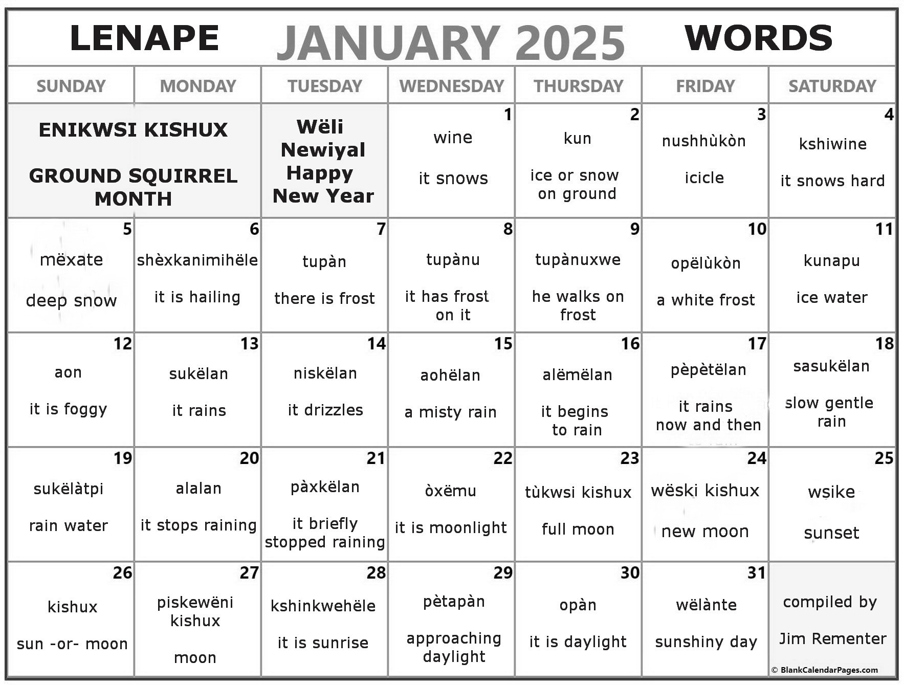 January 2025 Lenape Word-a-Day Calendar