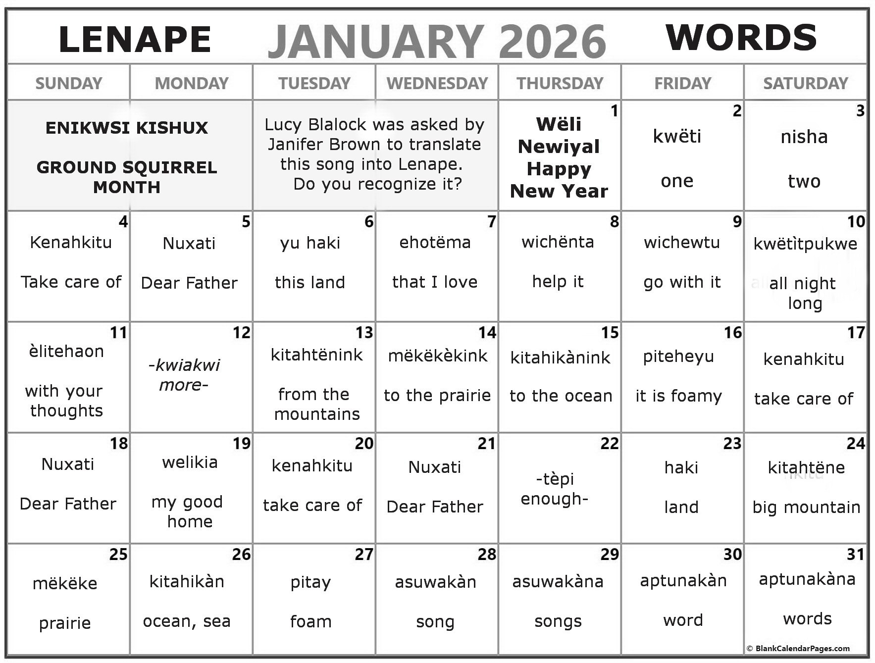 January 2026 Lenape Word-a-Day Calendar
