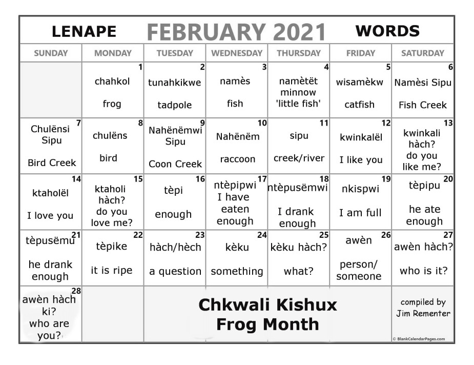 February 2021 Lenape Word-a-Day Calendar