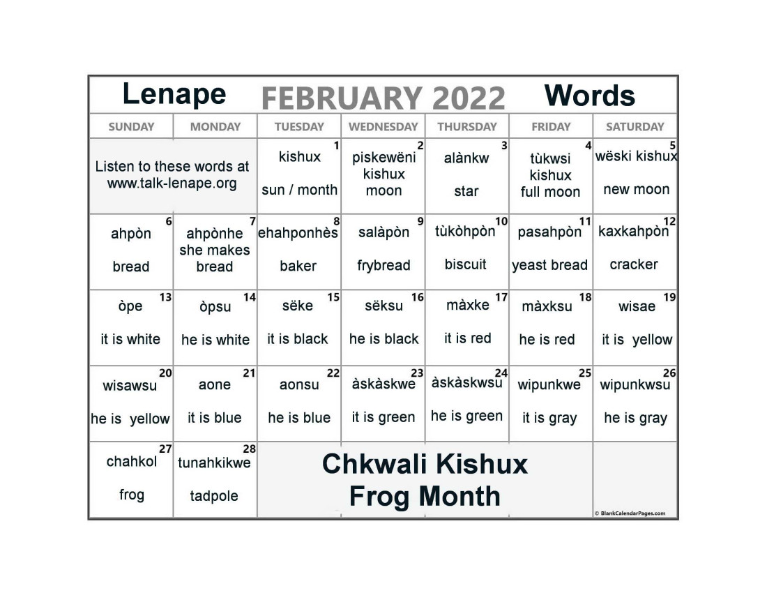 February 2022 Lenape Word-a-Day Calendar