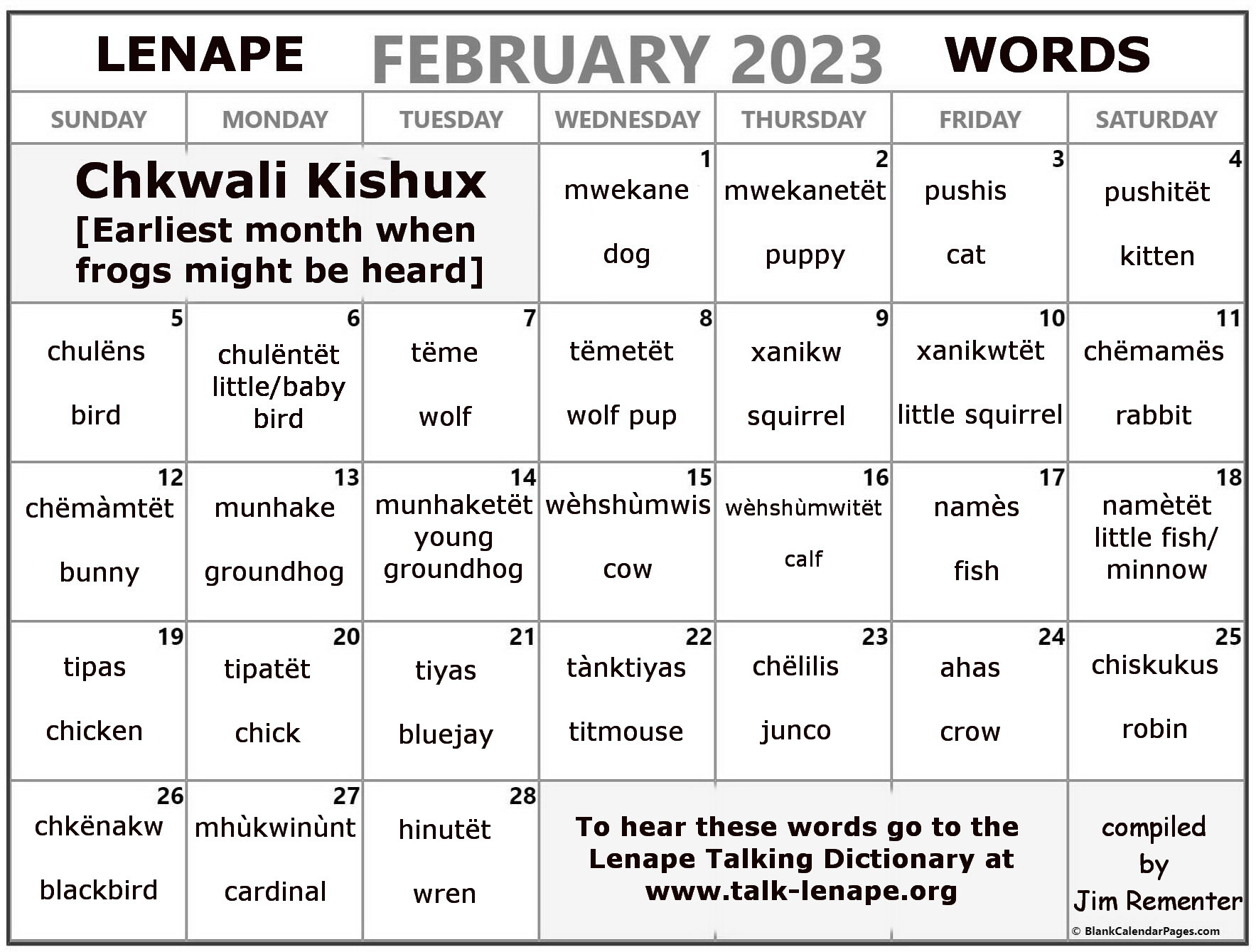 February 2023 Lenape Word-a-Day Calendar