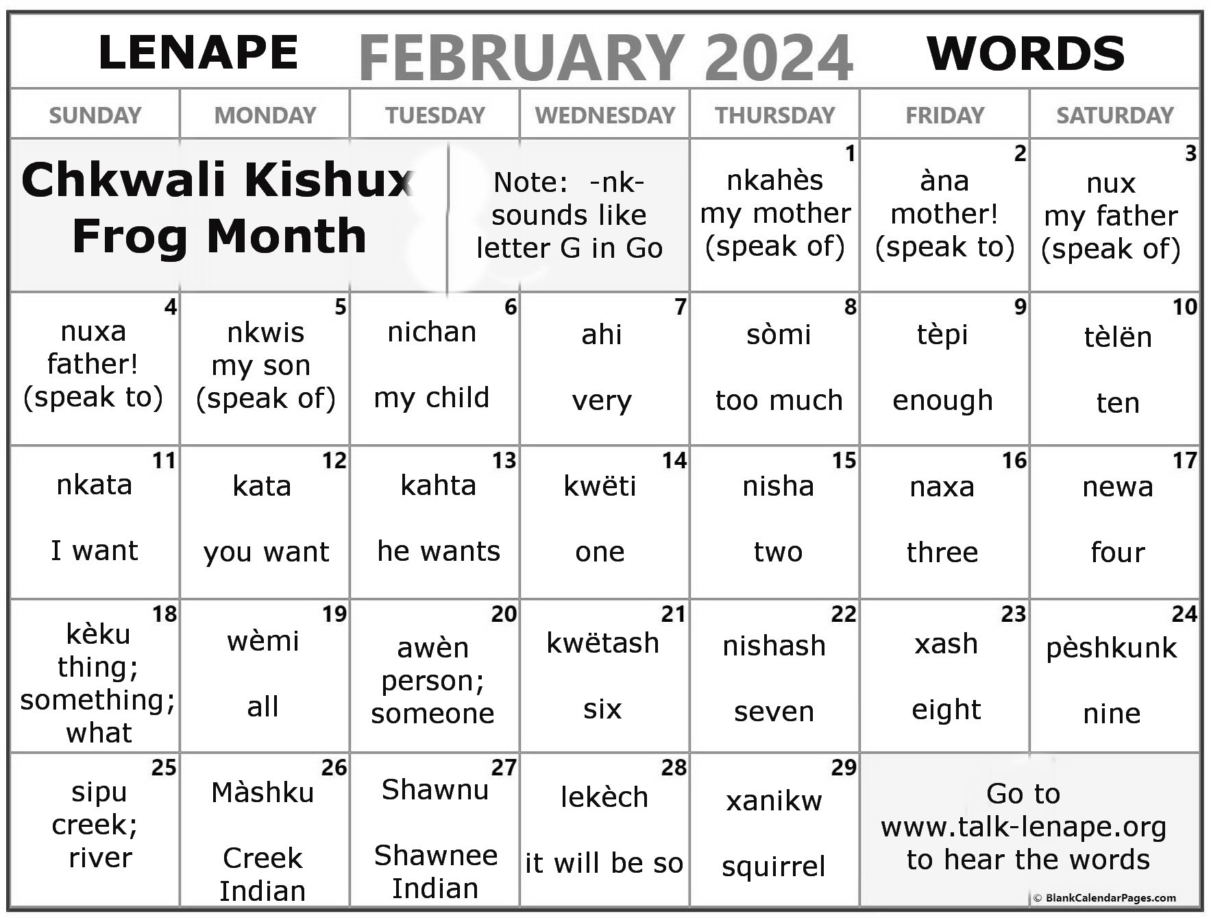 February 2024 Lenape Word-a-Day Calendar