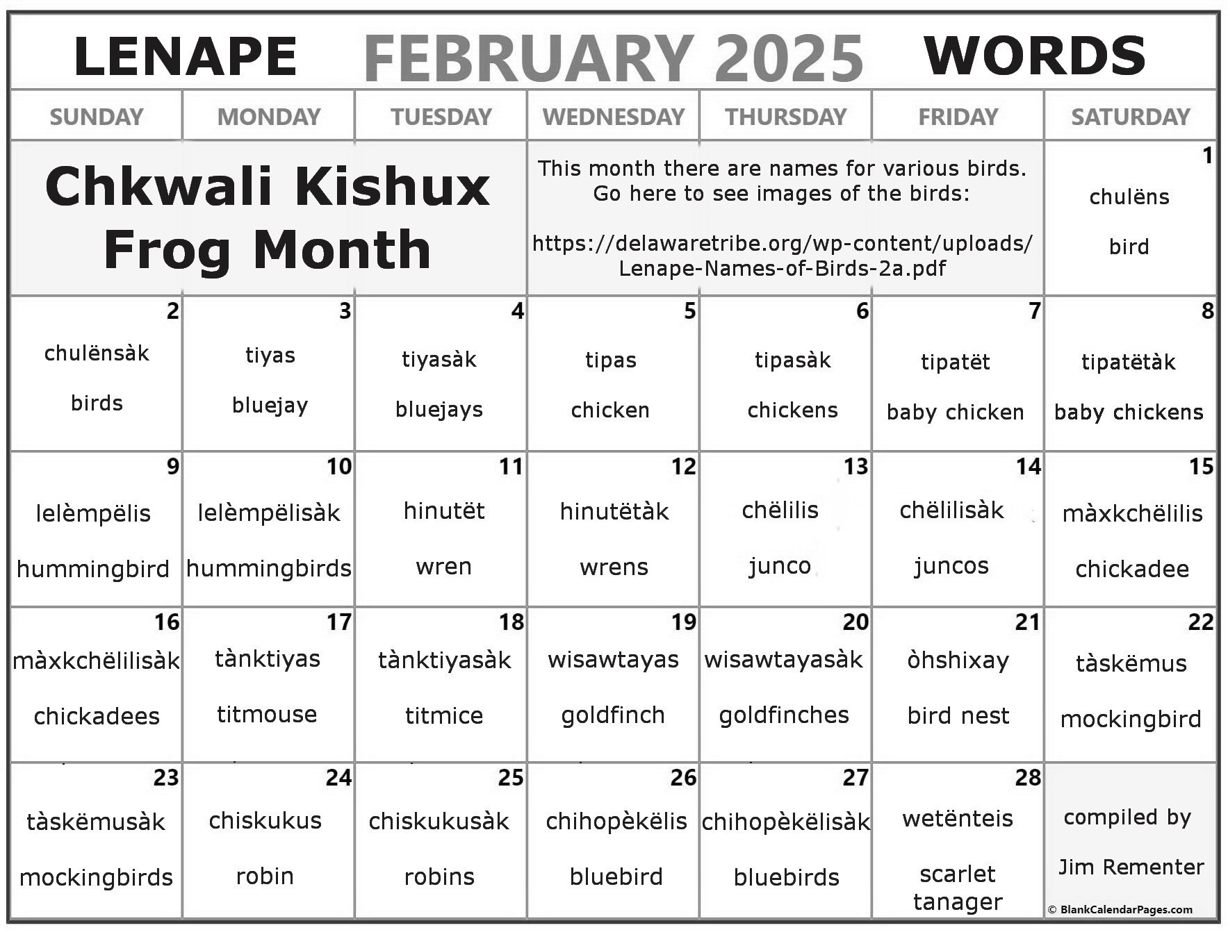 February 2025 Lenape Word-a-Day Calendar