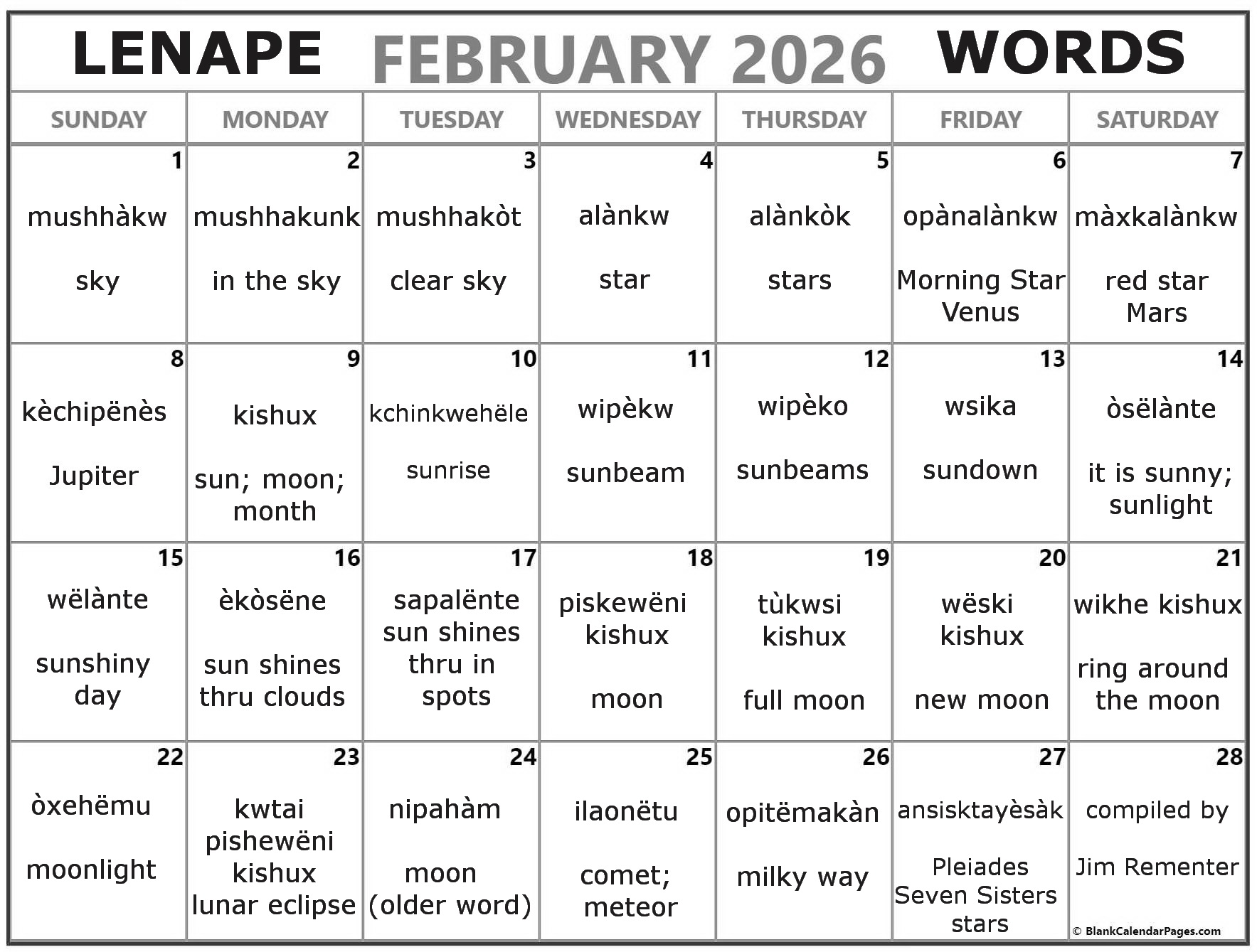 February 2026 Lenape Word-a-Day Calendar