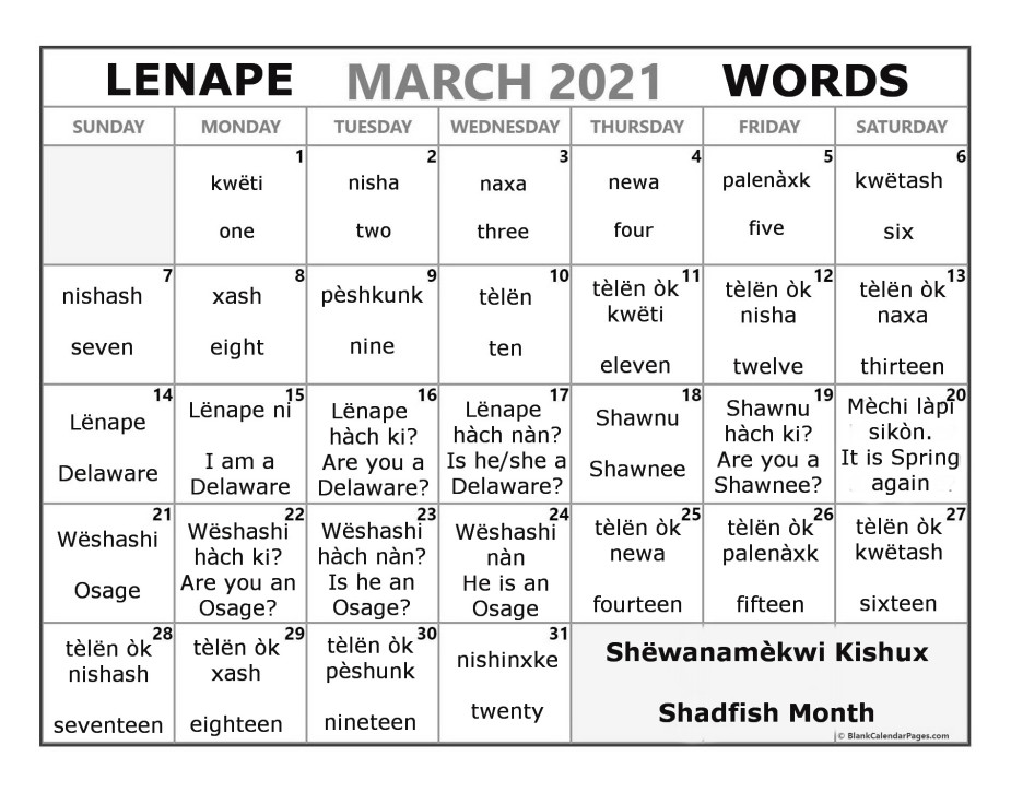 March 2021 Lenape Word-a-Day Calendar