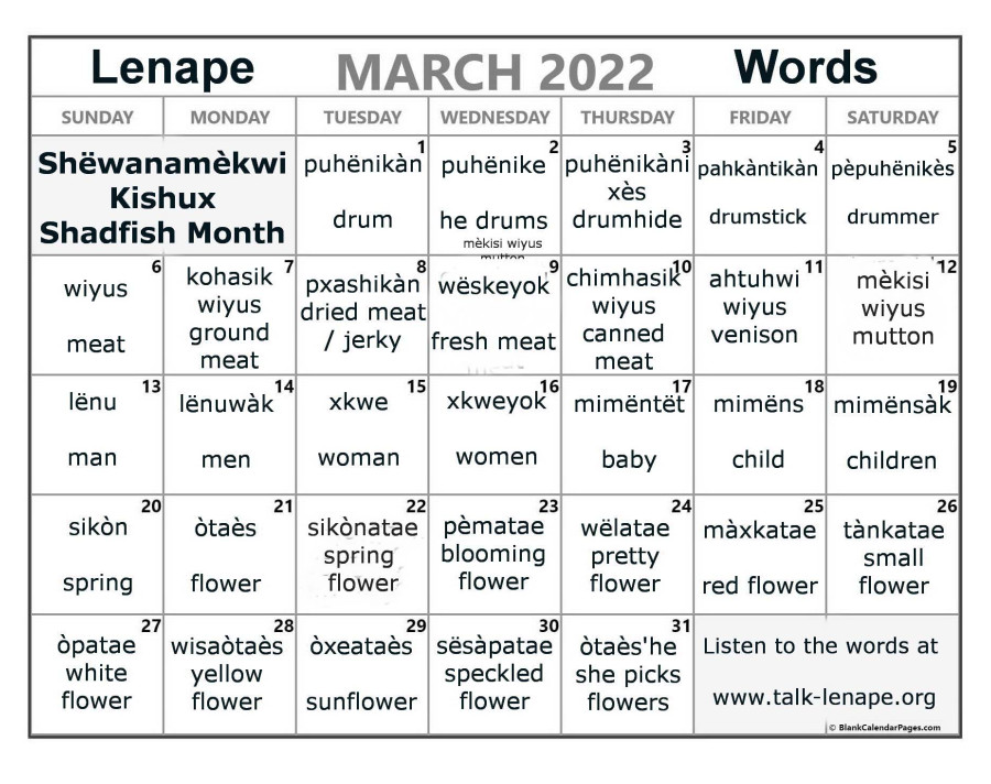 March 2022 Lenape Word-a-Day Calendar