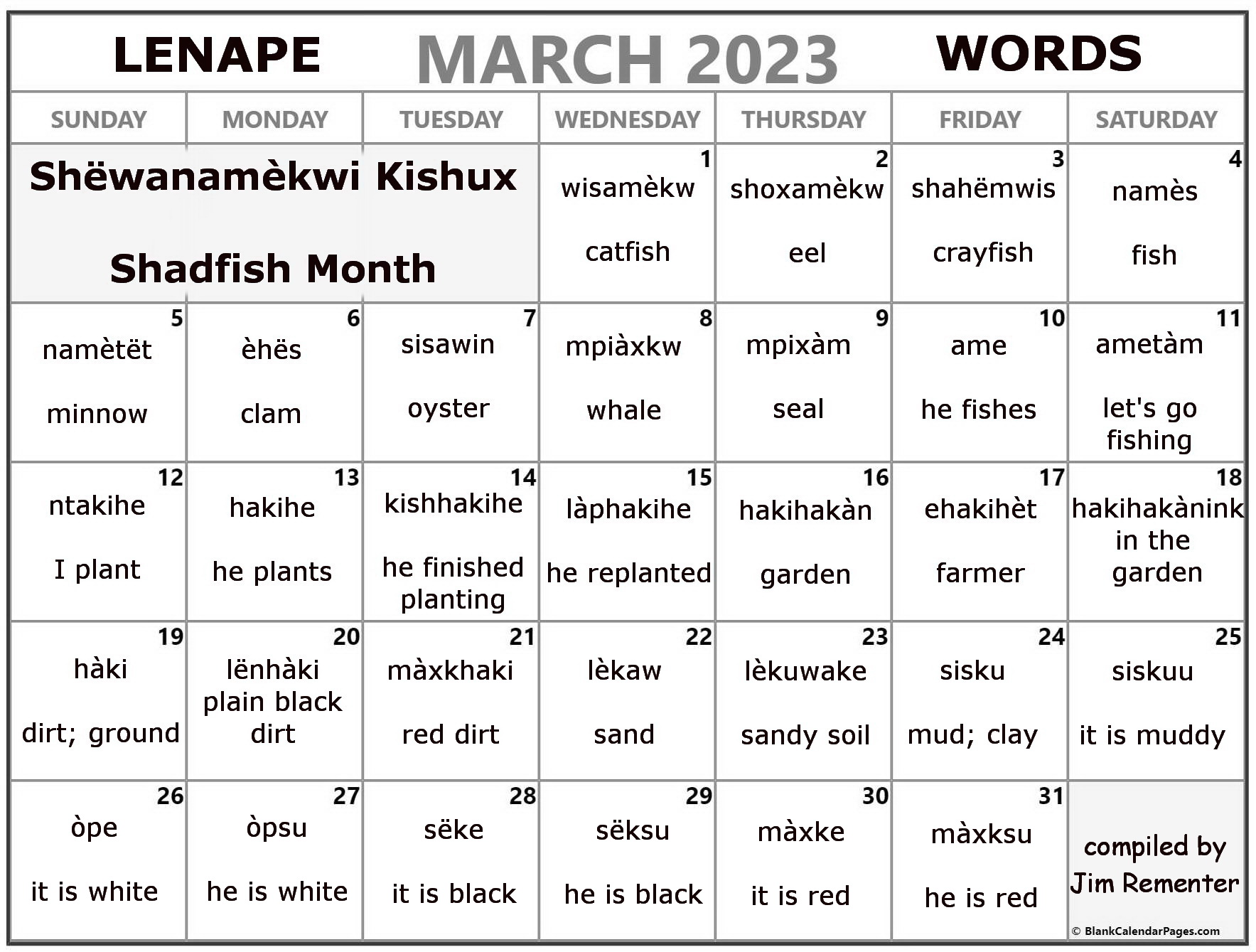 March 2023 Lenape Word-a-Day Calendar