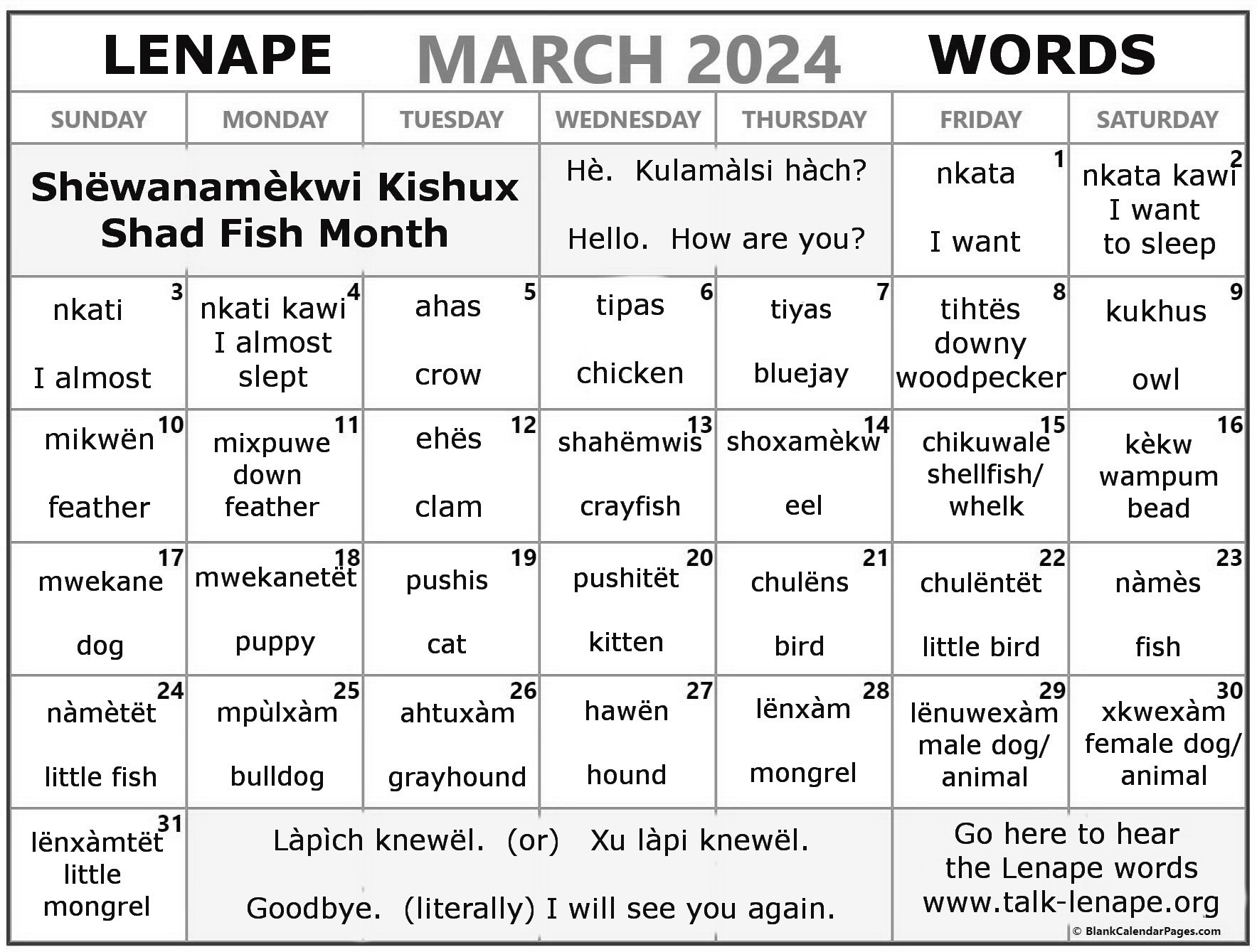 March 2024 Lenape Word-a-Day Calendar