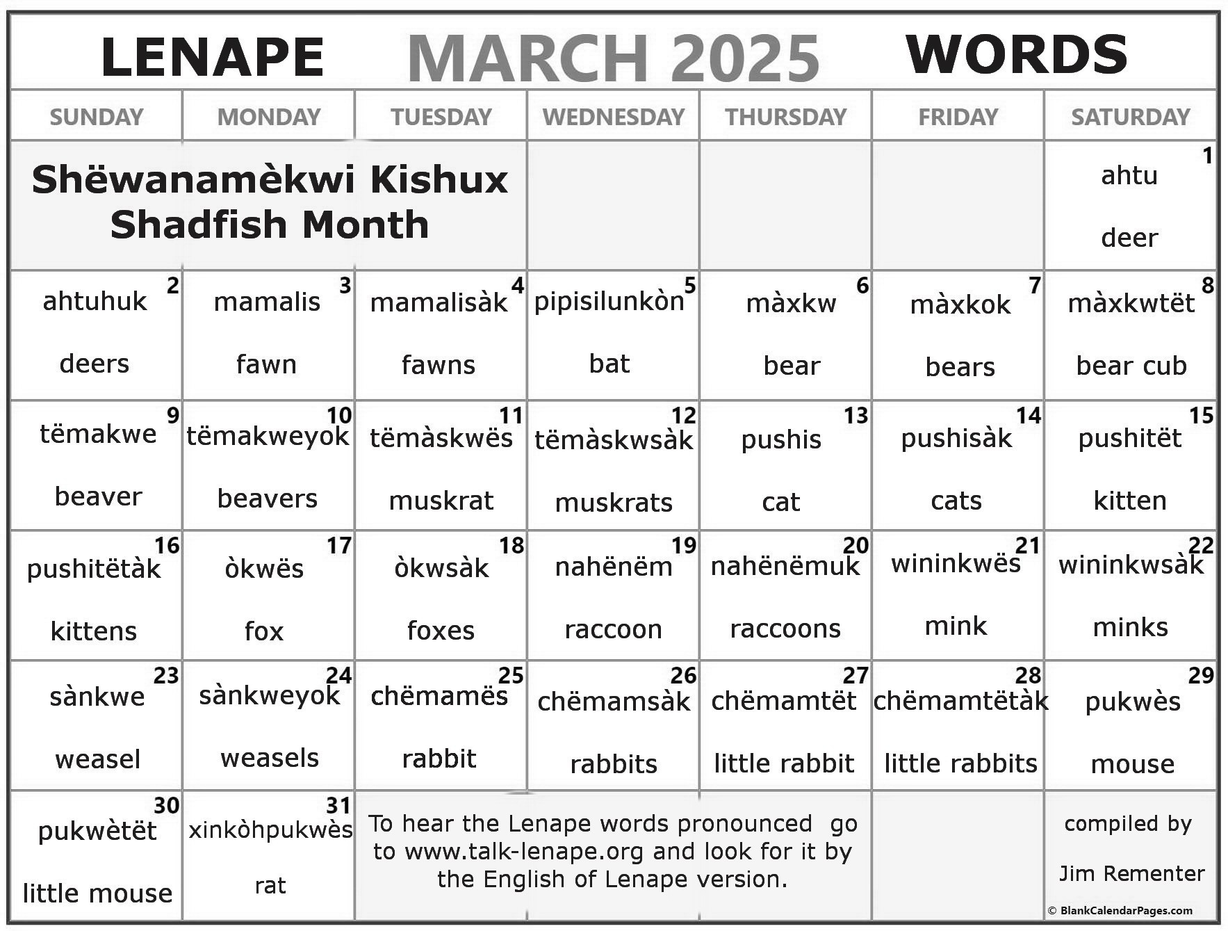 March 2025 Lenape Word-a-Day Calendar