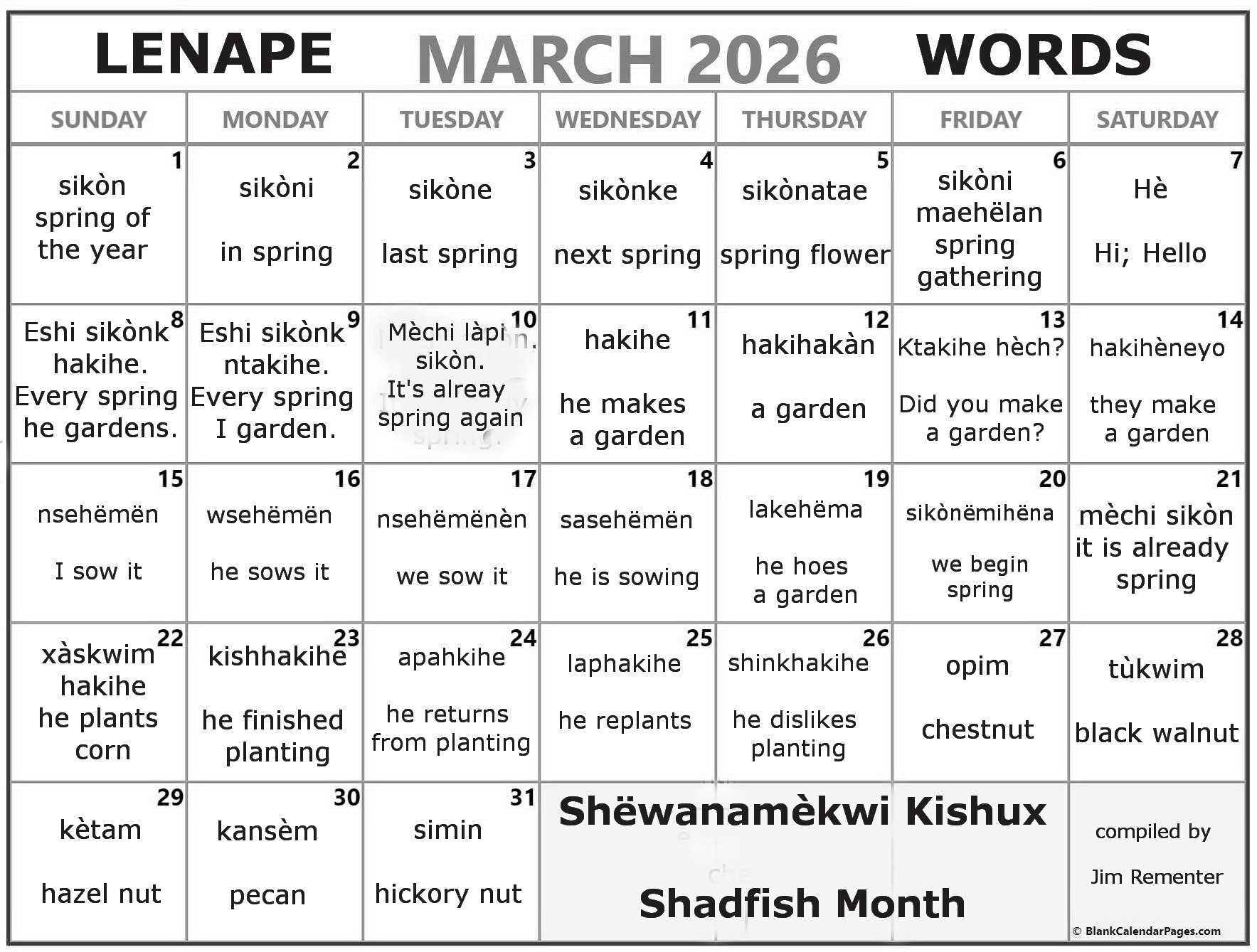March 2026 Lenape Word-a-Day Calendar