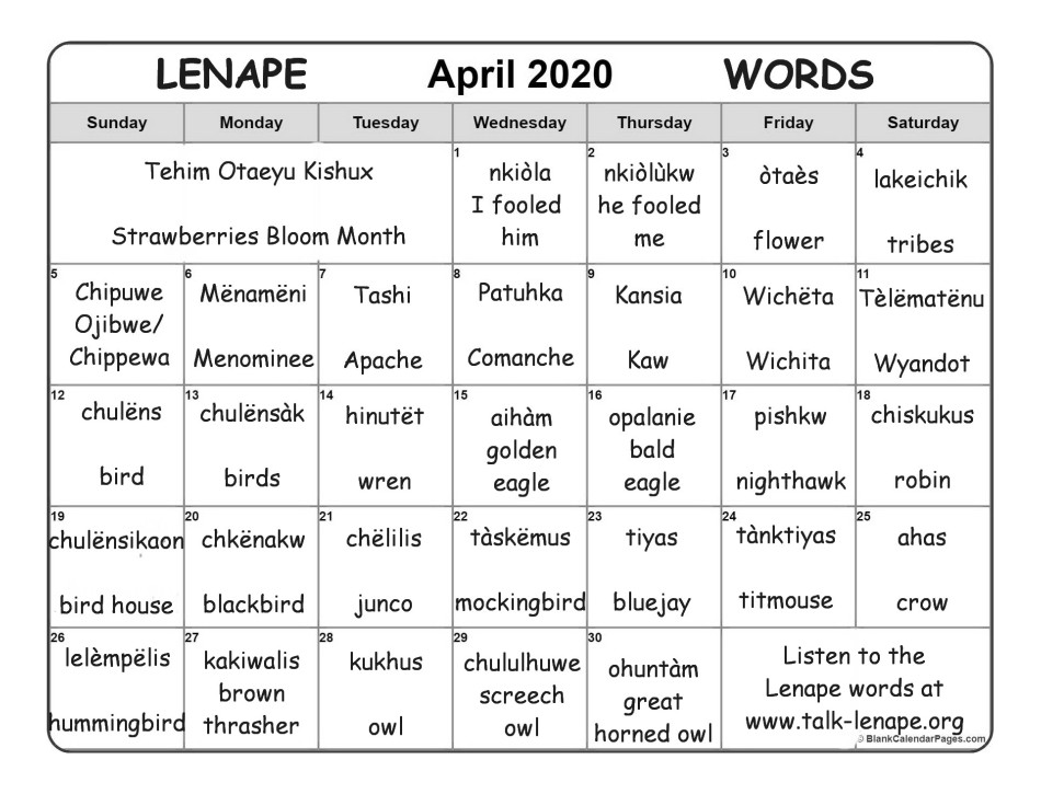 April 2020 Lenape Word-a-Day Calendar