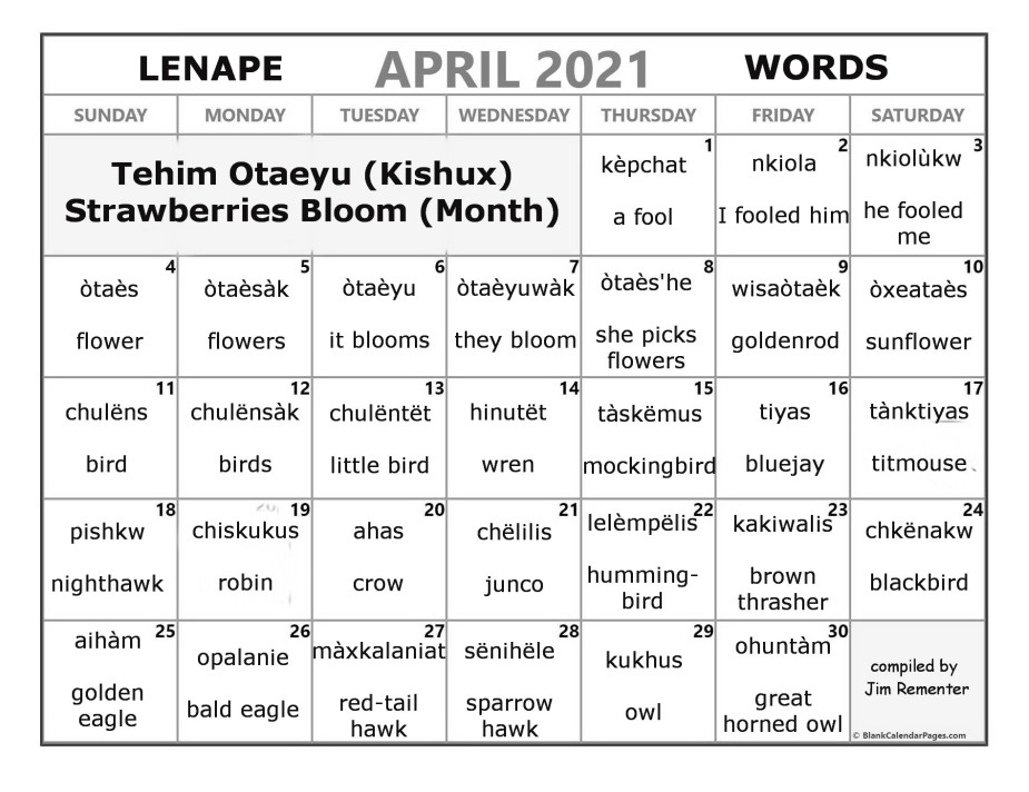 April 2021 Lenape Word-a-Day Calendar
