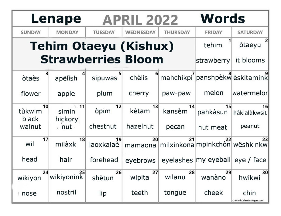 April 2022 Lenape Word-a-Day Calendar