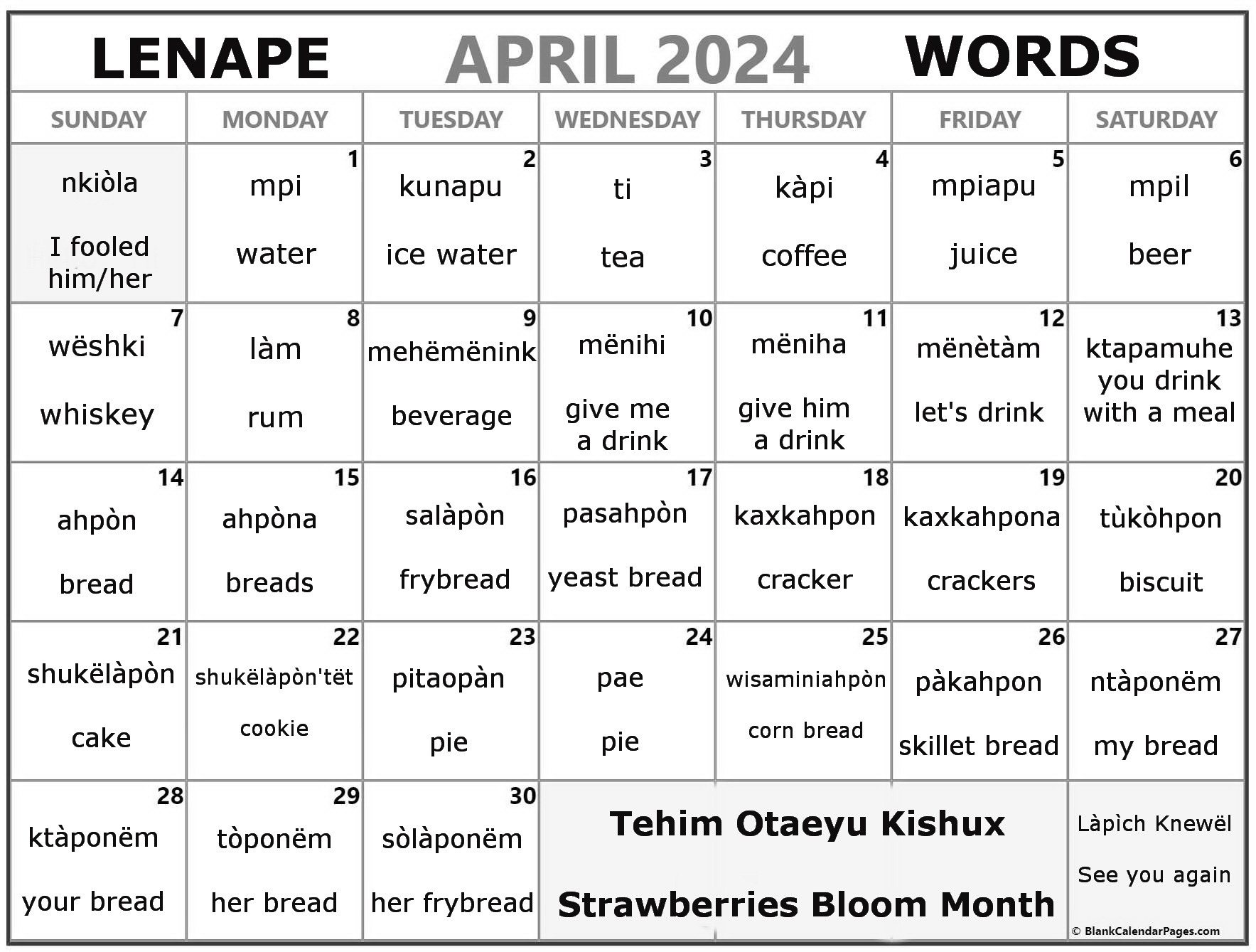 April 2024 Lenape Word-a-Day Calendar