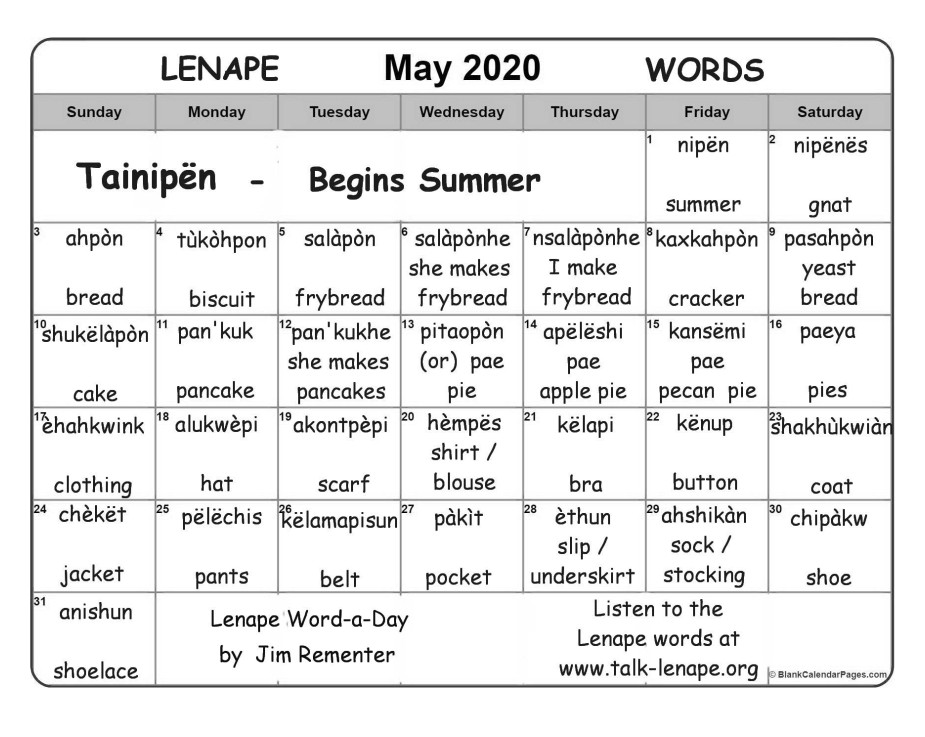 May 2020 Lenape Word-a-Day Calendar