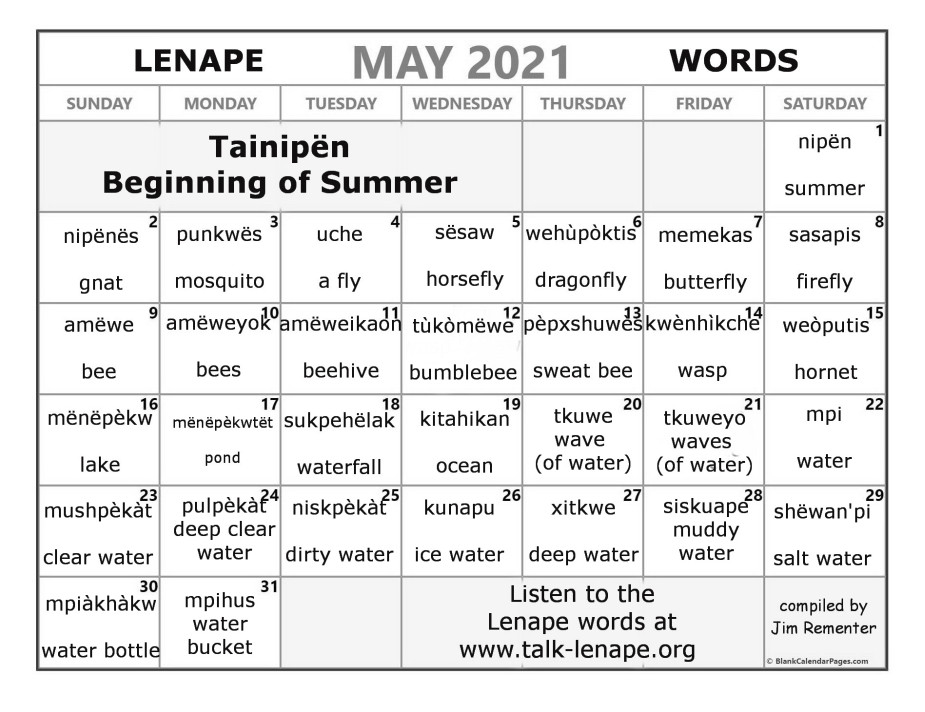 May 2021 Lenape Word-a-Day Calendar