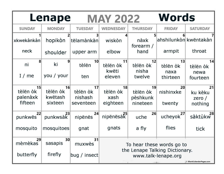 May 2022 Lenape Word-a-Day Calendar