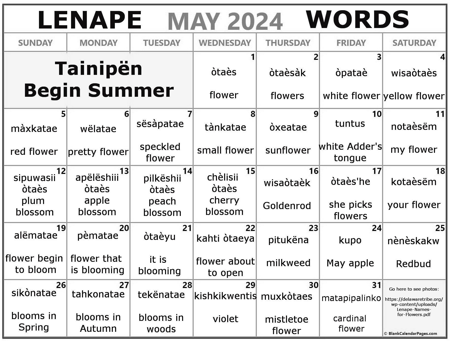 May 2024 Lenape Word-a-Day Calendar
