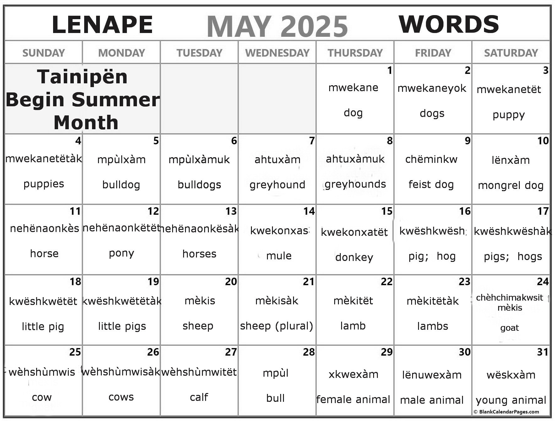 May 2025 Lenape Word-a-Day Calendar
