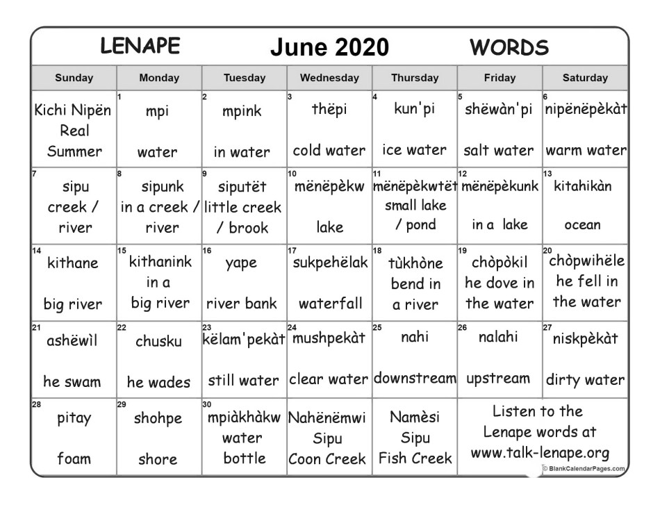 June 2020 Lenape Word-a-Day Calendar