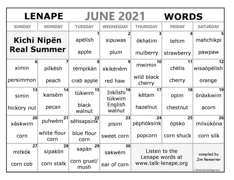 June 2021 Lenape Word-a-Day Calendar
